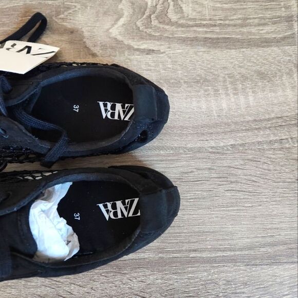 ZARA  WOMEN’S MESH DARBY SHOES BACK PULL TAB. LACE-UP CLOSURE SZ 37 BLACK COLOR - Picture 4 of 5